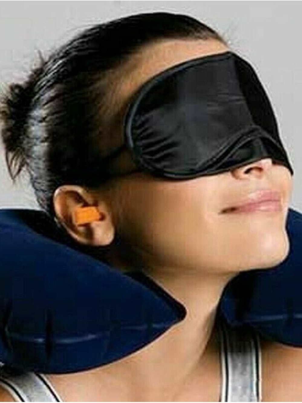 Amazon Black Sleep Mask with Blue Neck Pillow and Orange Earplugs